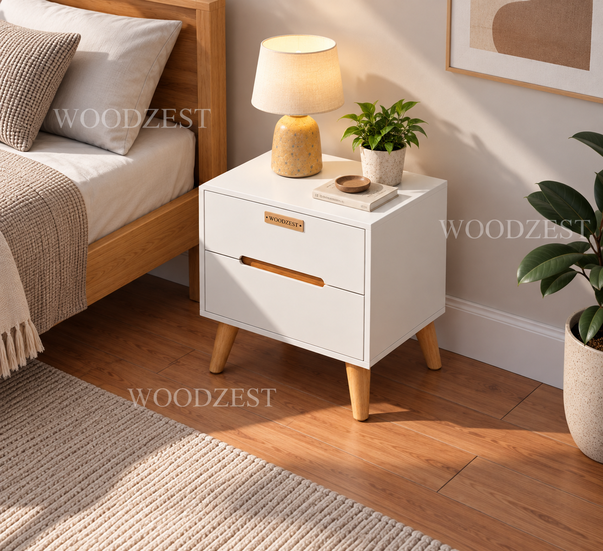 Modern White 2 Drawer Bedside Table with Wooden Legs