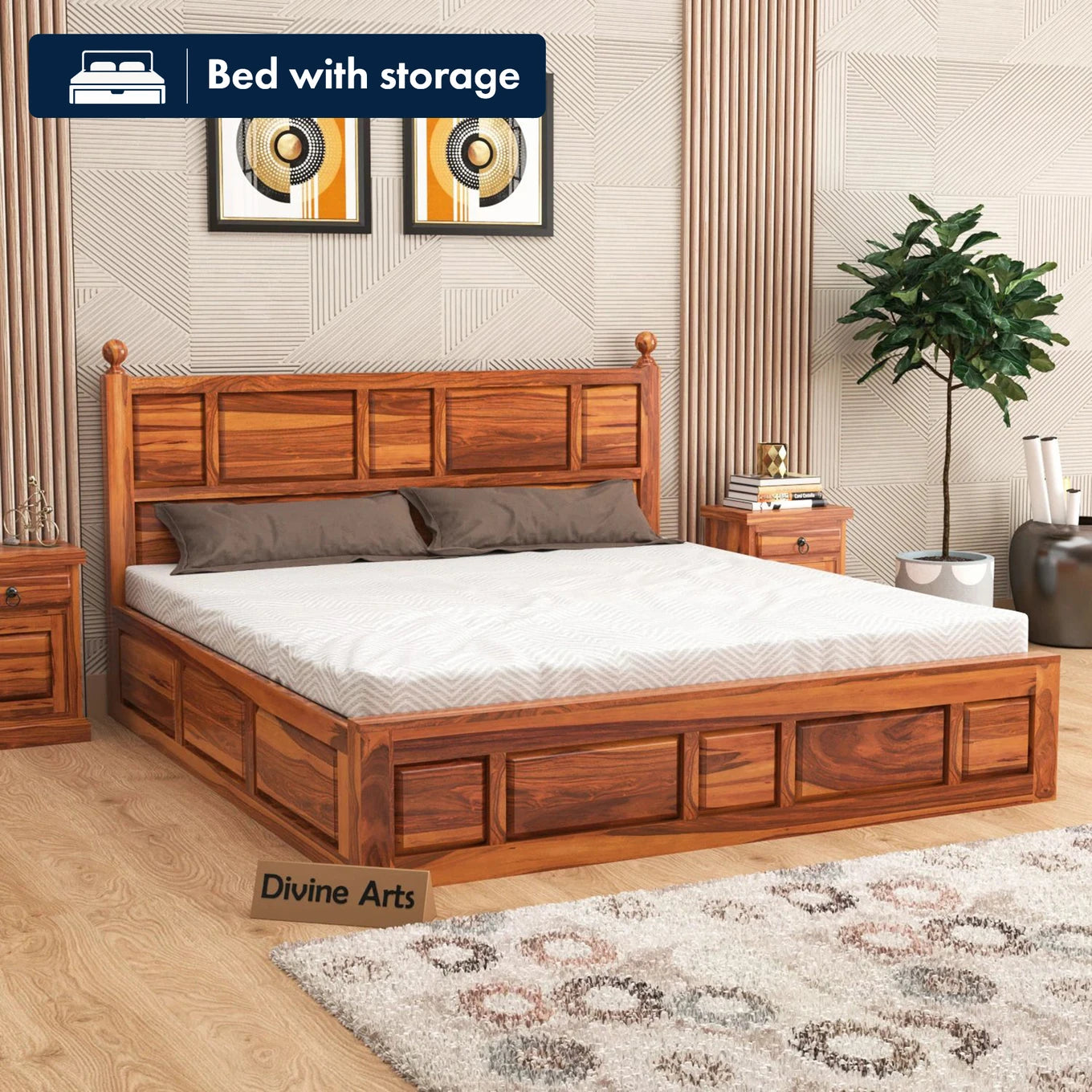 Solid Sheesham Wood King Size Bed with Storage for Bedroom