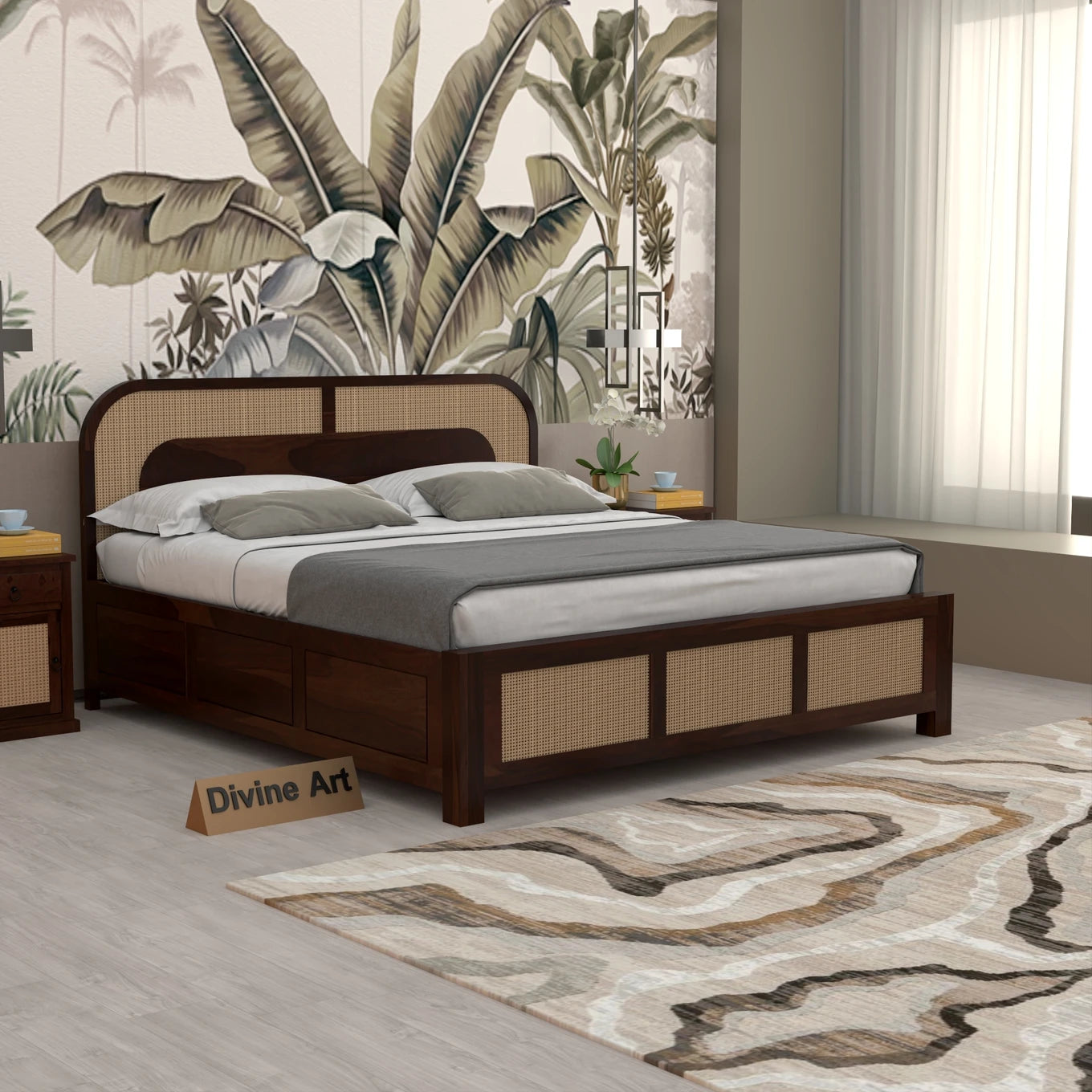 Solid Sheesham Wood Cane King Size Bed with Storage for Bedroom