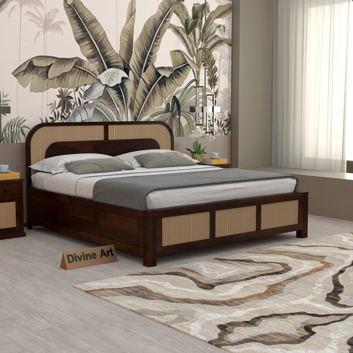 Solid Sheesham Wood Cane King Size Bed with Storage for Bedroom