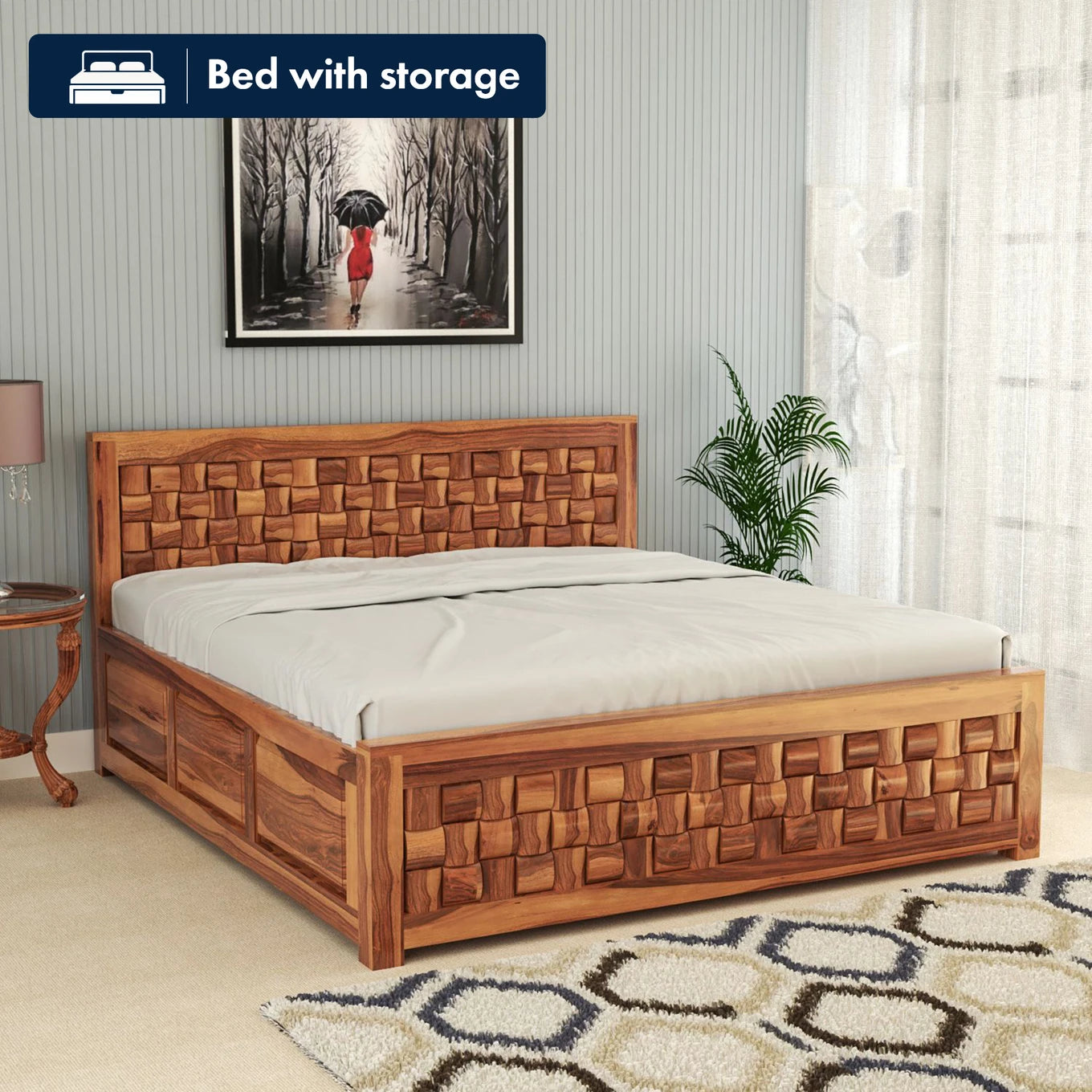 Solid Sheesham Wood King Size Bed with Storage for Modern Bedroom