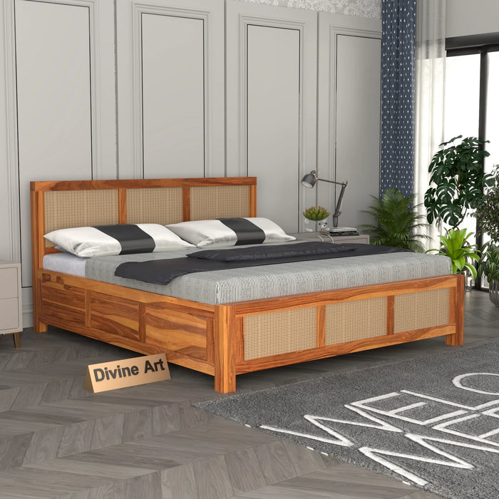 Solid Sheesham Wood Cane King Size Bed with Storage for Bedroom