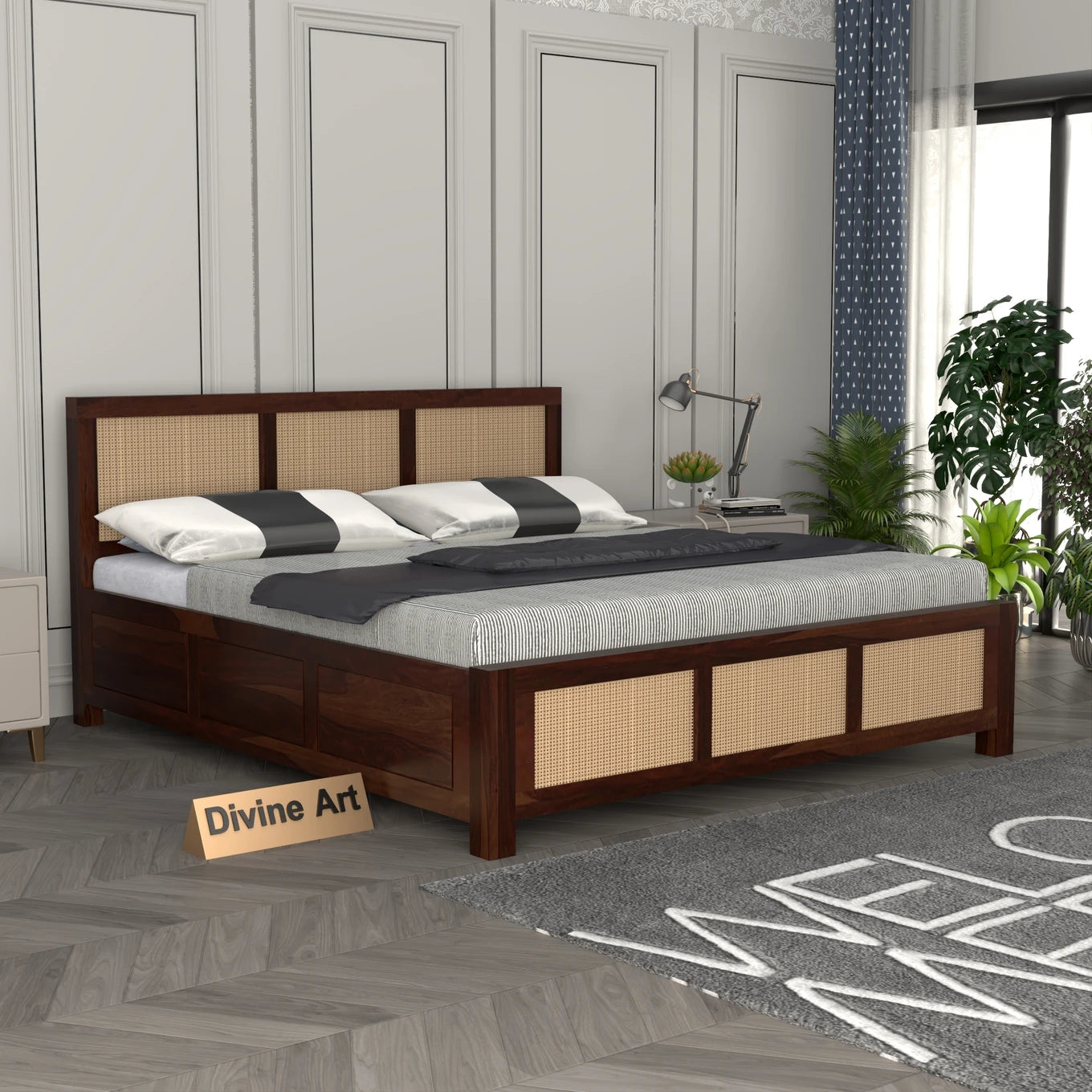 Solid Sheesham Wood Cane King Size Bed with Storage for Bedroom