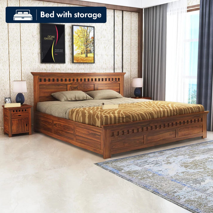 Solid Sheesham Wood King Size Bed with Storage for Bedroom