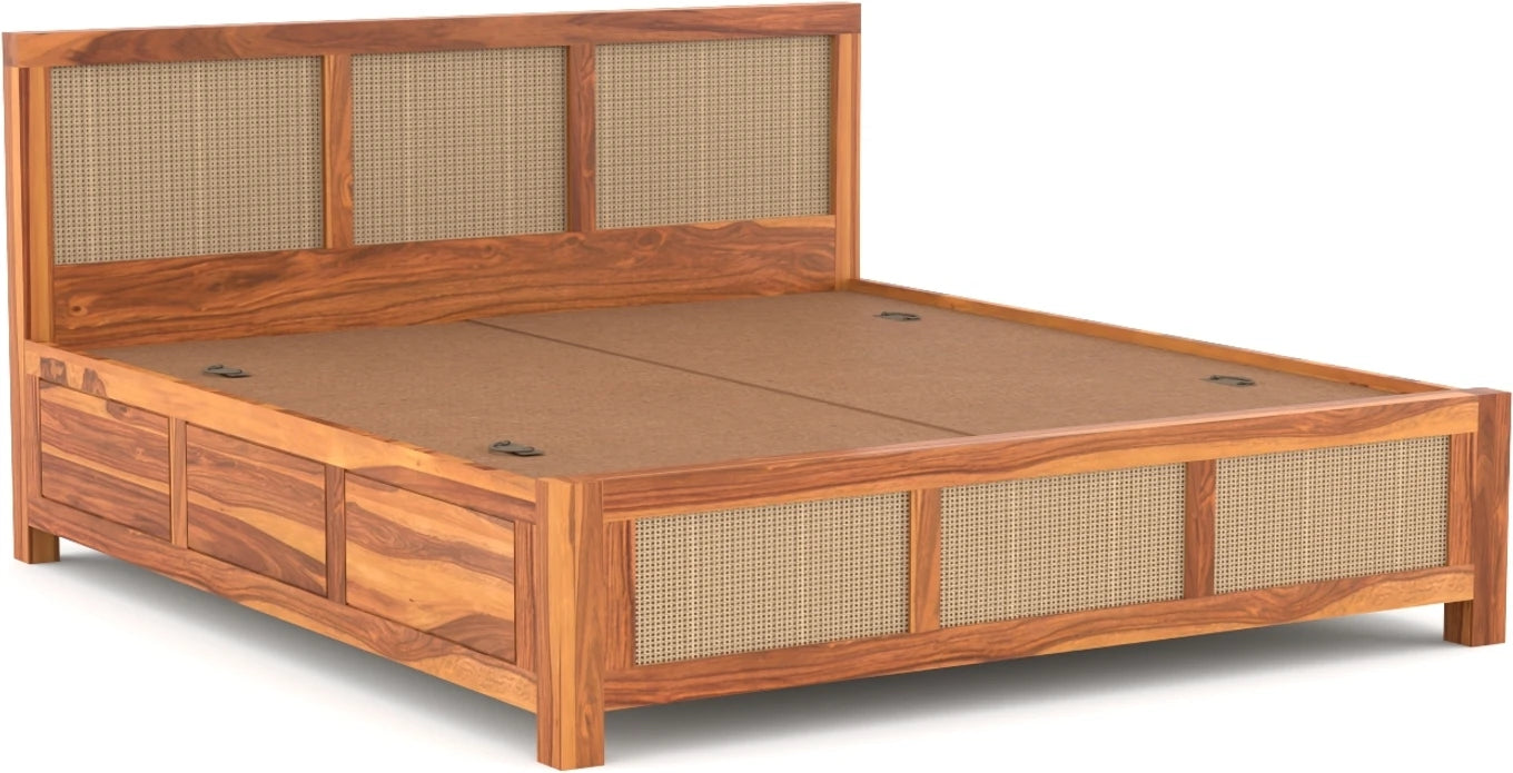 Solid Sheesham Wood Cane King Size Bed with Storage for Bedroom