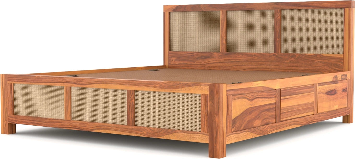Solid Sheesham Wood Cane King Size Bed with Storage for Bedroom