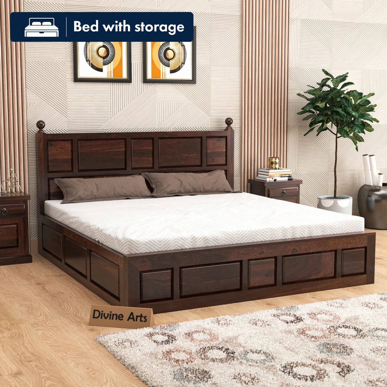 Solid Sheesham Wood King Size Bed with Storage for Bedroom