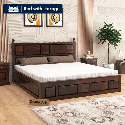 Solid Sheesham Wood King Size Bed with Storage for Bedroom