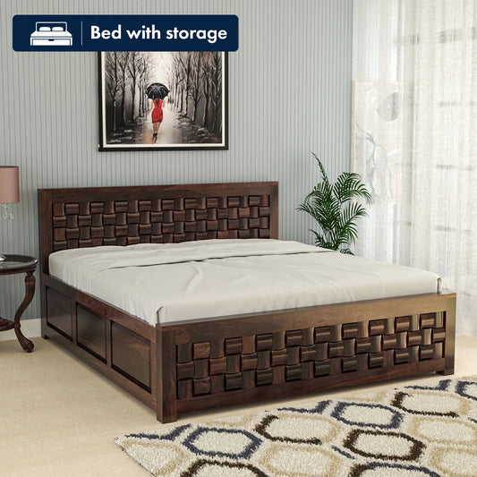 Solid Sheesham Wood King Size Bed with Storage for Modern Bedroom