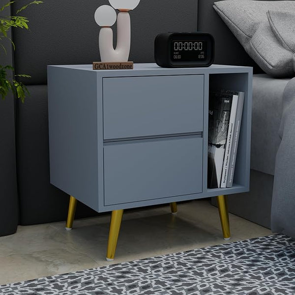 Woodzest Modern Bedside Table with 2 Drawers & Open Shelf | Grey Nightstand