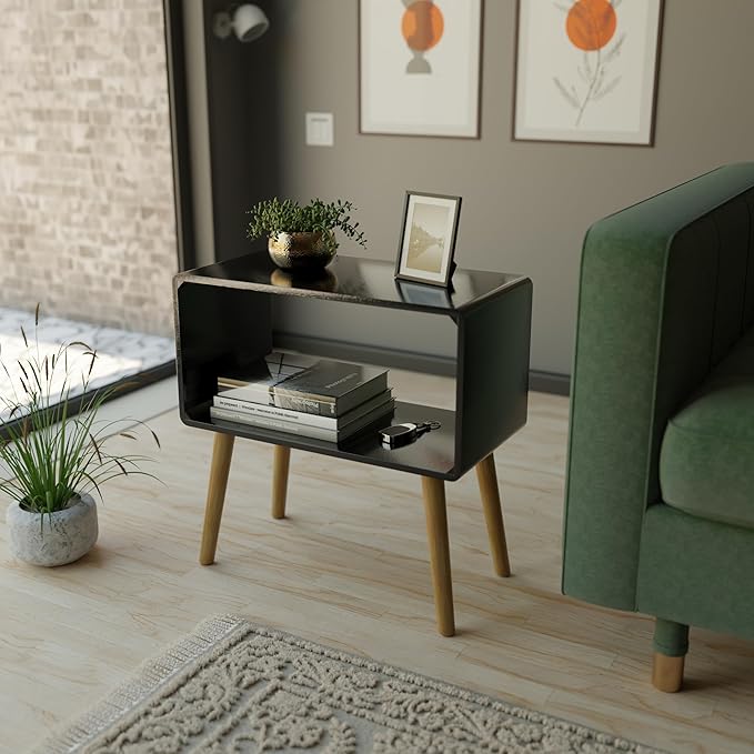 Woodzest Modern Open Shelf Bedside Table | White Nightstand with Wooden Legs