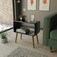 Woodzest Modern Open Shelf Bedside Table | White Nightstand with Wooden Legs