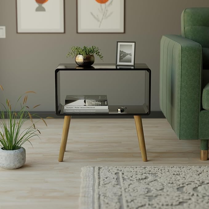 Woodzest Modern Open Shelf Bedside Table | White Nightstand with Wooden Legs