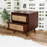 Woodzest Cane Bedside Table with 2 Drawers – Walnut Finish