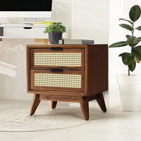 Woodzest Cane Bedside Table with 2 Drawers | Mid-Century Modern Wooden Nightstand