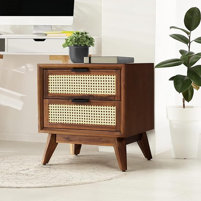 Woodzest Cane Bedside Table with 2 Drawers | Mid-Century Modern Wooden Nightstand