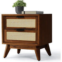Woodzest Cane Bedside Table with 2 Drawers | Mid-Century Modern Wooden Nightstand