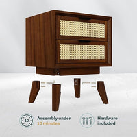 Woodzest Cane Bedside Table with 2 Drawers | Mid-Century Modern Wooden Nightstand