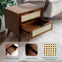 Woodzest Cane Bedside Table with 2 Drawers | Mid-Century Modern Wooden Nightstand