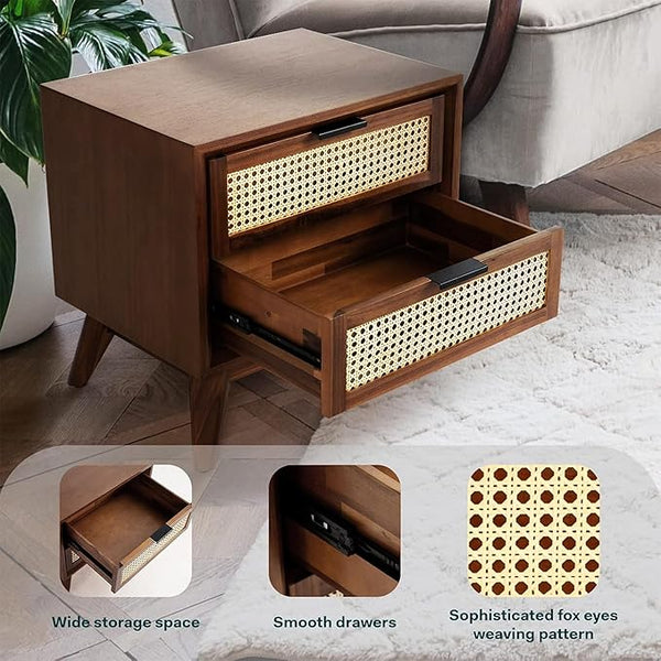 Woodzest Cane Bedside Table with 2 Drawers | Mid-Century Modern Wooden Nightstand