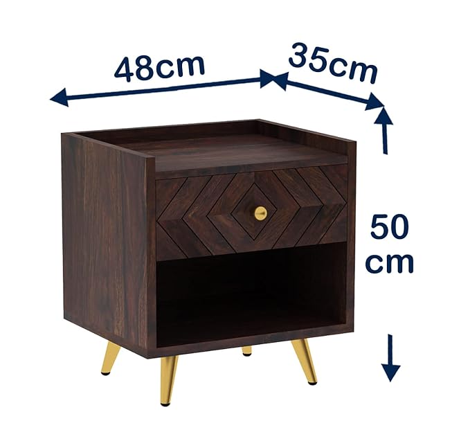 Woodzest Modern Wooden Bedside Table with Drawer & Open Shelf | Walnut Finish Nightstand