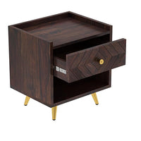 Woodzest Modern Wooden Bedside Table with Drawer & Open Shelf | Walnut Finish Nightstand