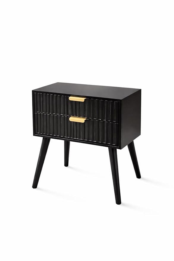 Woodzest Modern Black Bedside Table with 2 Drawers | Contemporary Nightstand with Gold Handles