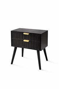Woodzest Modern Black Bedside Table with 2 Drawers | Contemporary Nightstand with Gold Handles