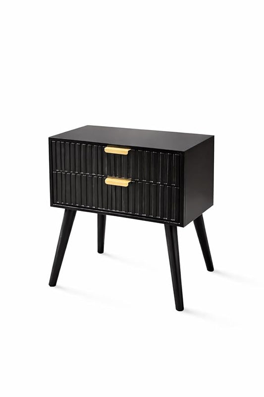 Woodzest Modern Black Bedside Table with 2 Drawers | Contemporary Nightstand with Gold Handles