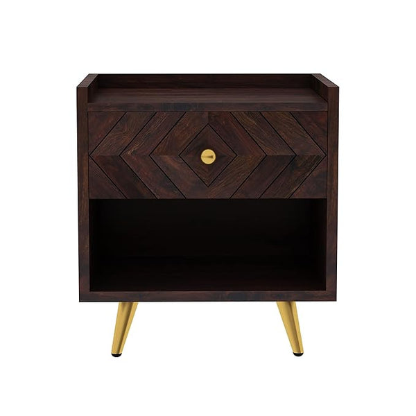 Woodzest Modern Wooden Bedside Table with Drawer & Open Shelf | Walnut Finish Nightstand - alternate