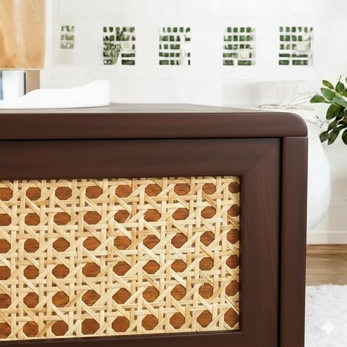 Woodzest Cane Bedside Table with 2 Drawers – Walnut Finish
