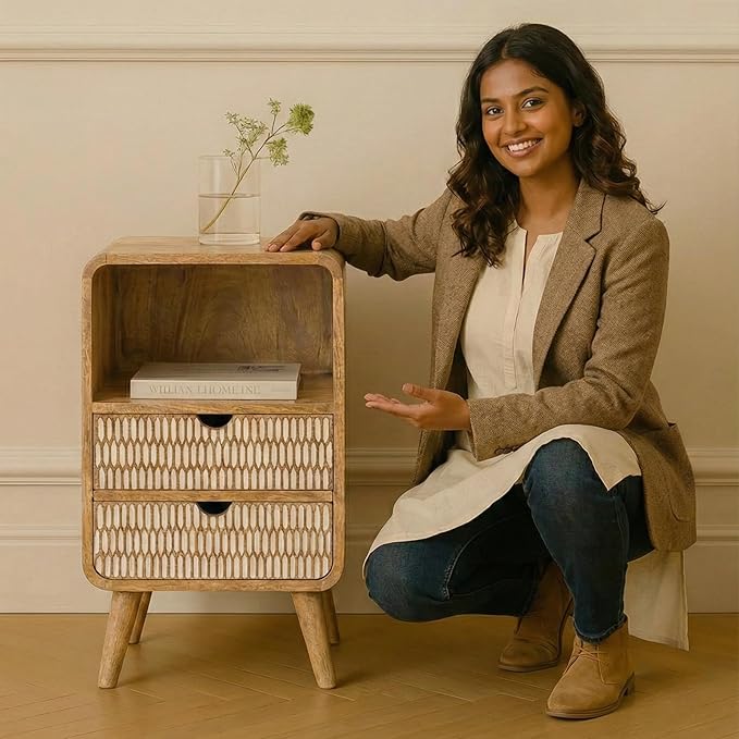 Woodzest Wooden Cane Bedside Table with 2 Drawers & Open Shelf | Modern Rattan Nightstand for Bedroom Storage