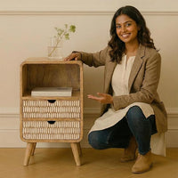 Woodzest Wooden Cane Bedside Table with 2 Drawers & Open Shelf | Modern Rattan Nightstand for Bedroom Storage