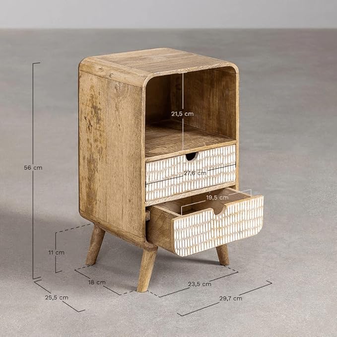 Woodzest Wooden Cane Bedside Table with 2 Drawers & Open Shelf | Modern Rattan Nightstand for Bedroom Storage
