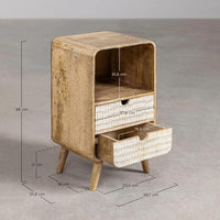 Woodzest Wooden Cane Bedside Table with 2 Drawers & Open Shelf | Modern Rattan Nightstand for Bedroom Storage