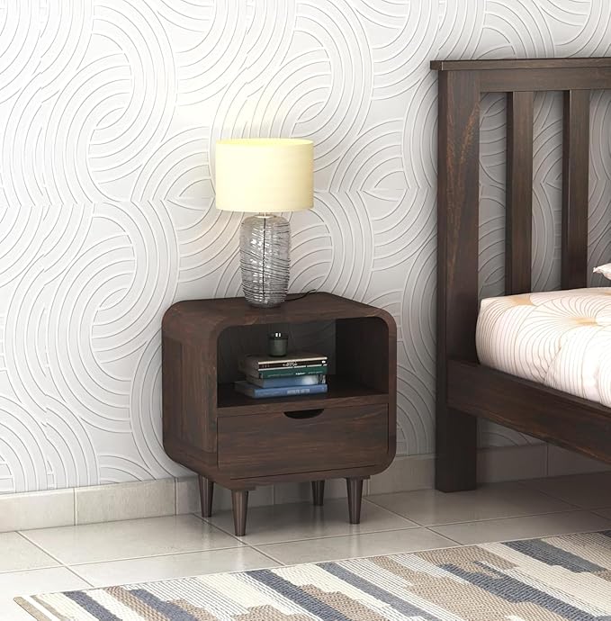 Woodzest Modern Wooden Bedside Table with Drawer & Open Shelf | Walnut Finish Nightstand