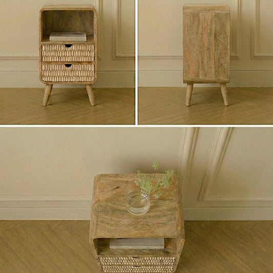 Woodzest Wooden Cane Bedside Table with 2 Drawers & Open Shelf | Modern Rattan Nightstand for Bedroom Storage