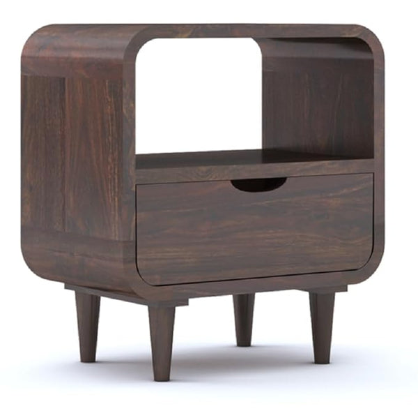 Woodzest Modern Wooden Bedside Table with Drawer & Open Shelf | Walnut Finish Nightstand - alternate