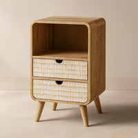 Woodzest Wooden Cane Bedside Table with 2 Drawers & Open Shelf | Modern Rattan Nightstand for Bedroom Storage