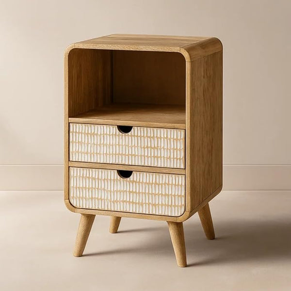 Woodzest Wooden Cane Bedside Table with 2 Drawers & Open Shelf | Modern Rattan Nightstand for Bedroom Storage
