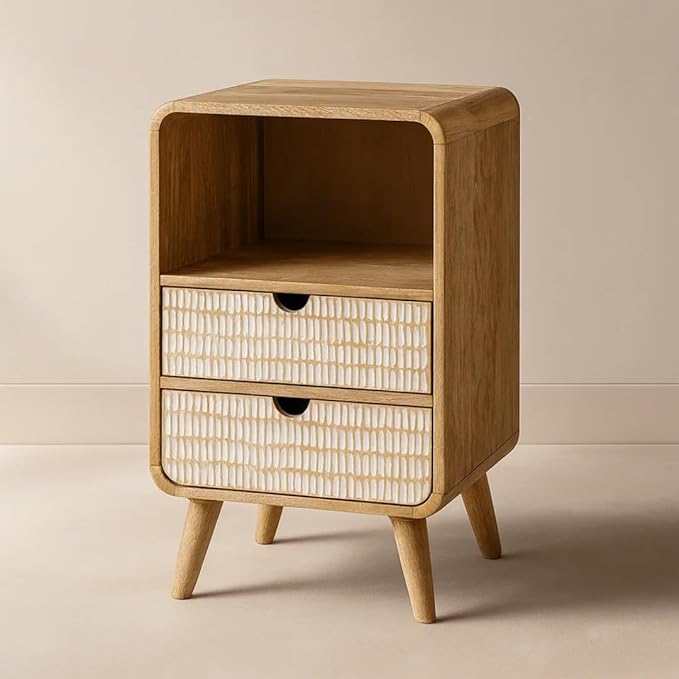 Woodzest Wooden Cane Bedside Table with 2 Drawers & Open Shelf | Modern Rattan Nightstand for Bedroom Storage