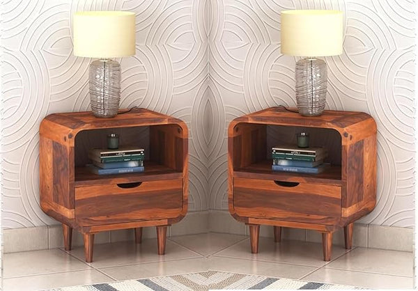 Woodzest Solid Wood Bedside Table with Drawer & Open Shelf | Sheesham Finish Nightstand