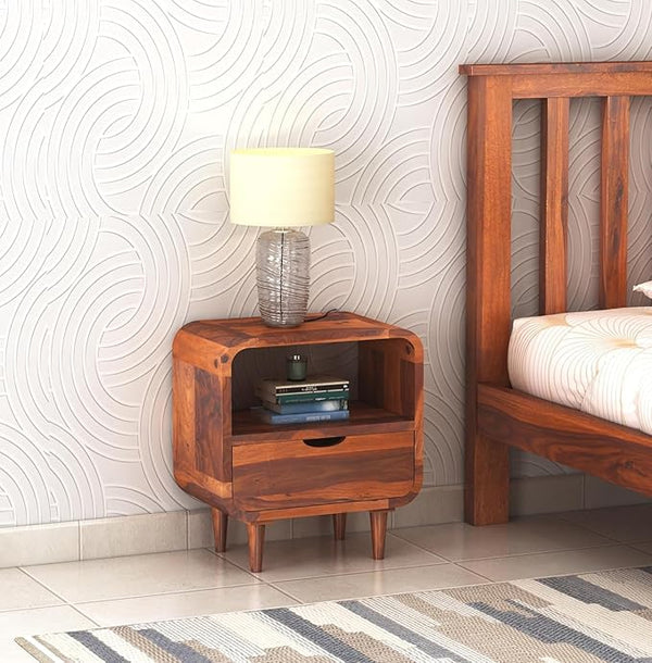 Woodzest Solid Wood Bedside Table with Drawer & Open Shelf | Sheesham Finish Nightstand