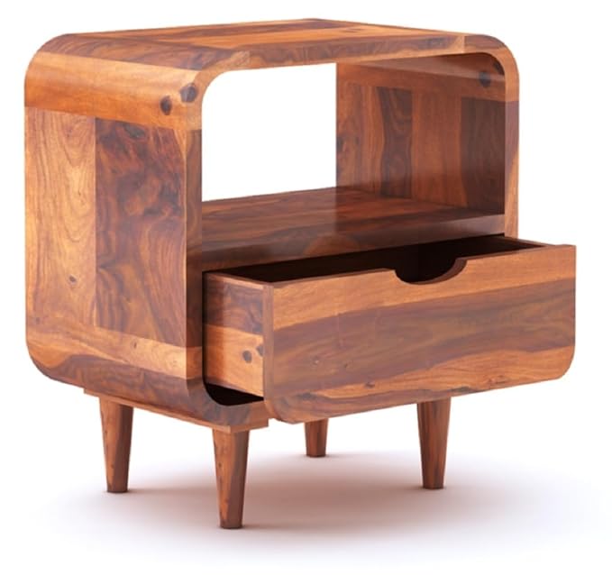 Woodzest Solid Wood Bedside Table with Drawer & Open Shelf | Sheesham Finish Nightstand