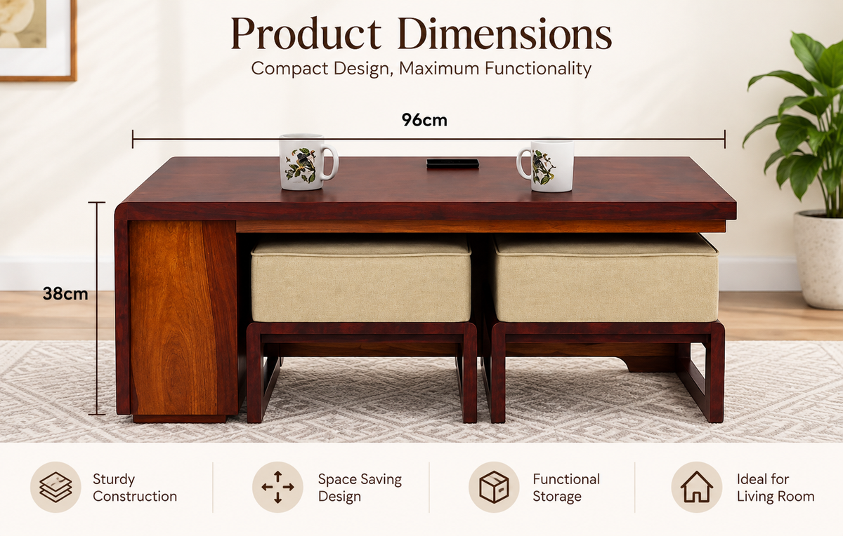 Brown Wooden Coffee Table with 2 Stools & Storage Shelves