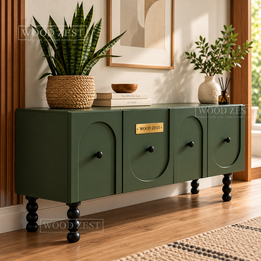 Olive Green 4 Door Wooden Sideboard Cabinet with Arched Design
