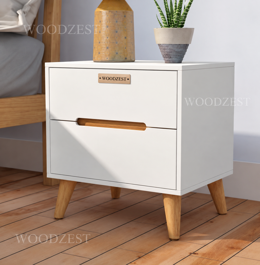 Modern White 2 Drawer Bedside Table with Wooden Legs