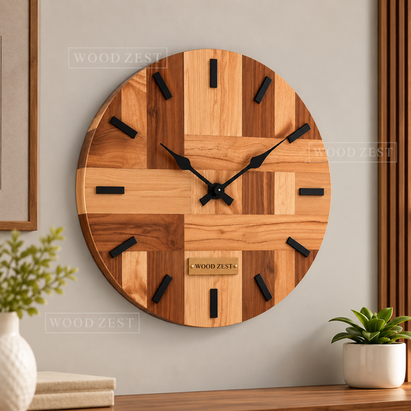 Round Wooden Wall Clock with Geometric Wood Design & Black Markers