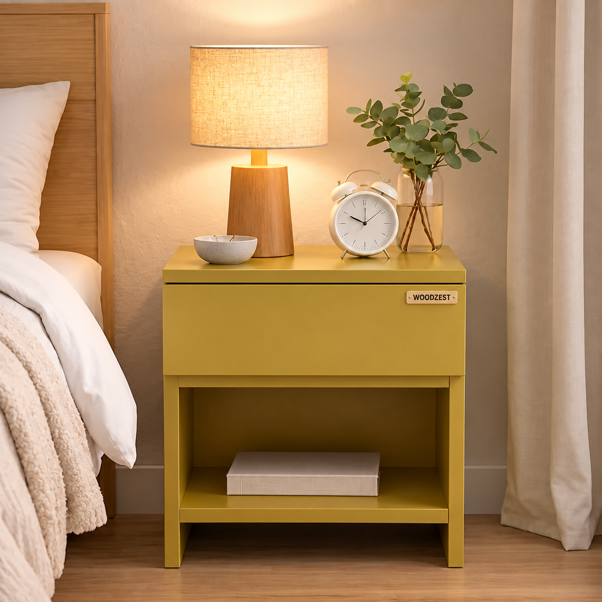 Modern Yellow Bedside Table with Drawer & Open Shelf