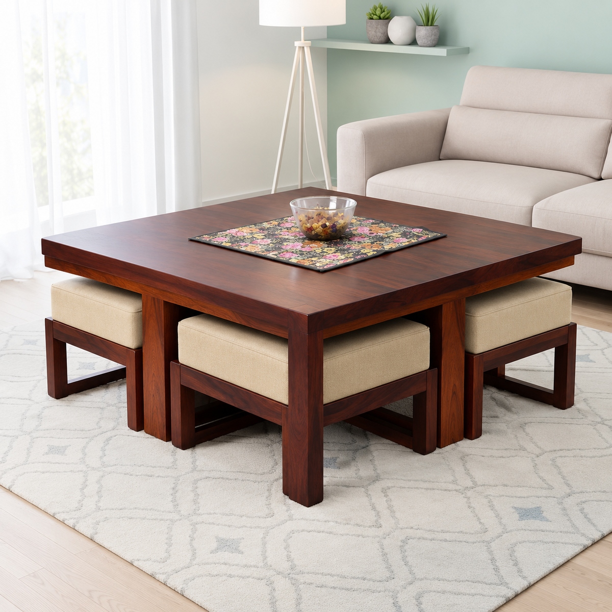 Brown Wooden Coffee Table with 2 Stools & Storage Shelves
